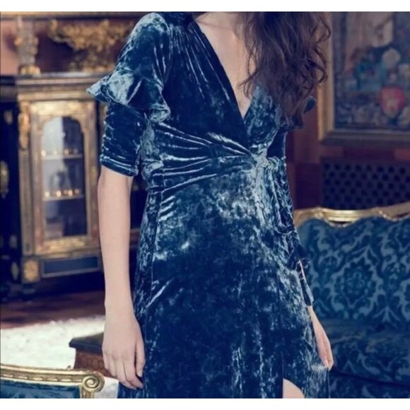 Misa Symone Wrap Dress Velvet Maxi Size Xs Ruffle Sleeves Braided Sash NWT - Picture 2 of 9